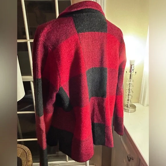 J.Jill Buffalo Red Black Cardigan Wool Blend Soft Jacket Large Petite - Picture 5 of 11